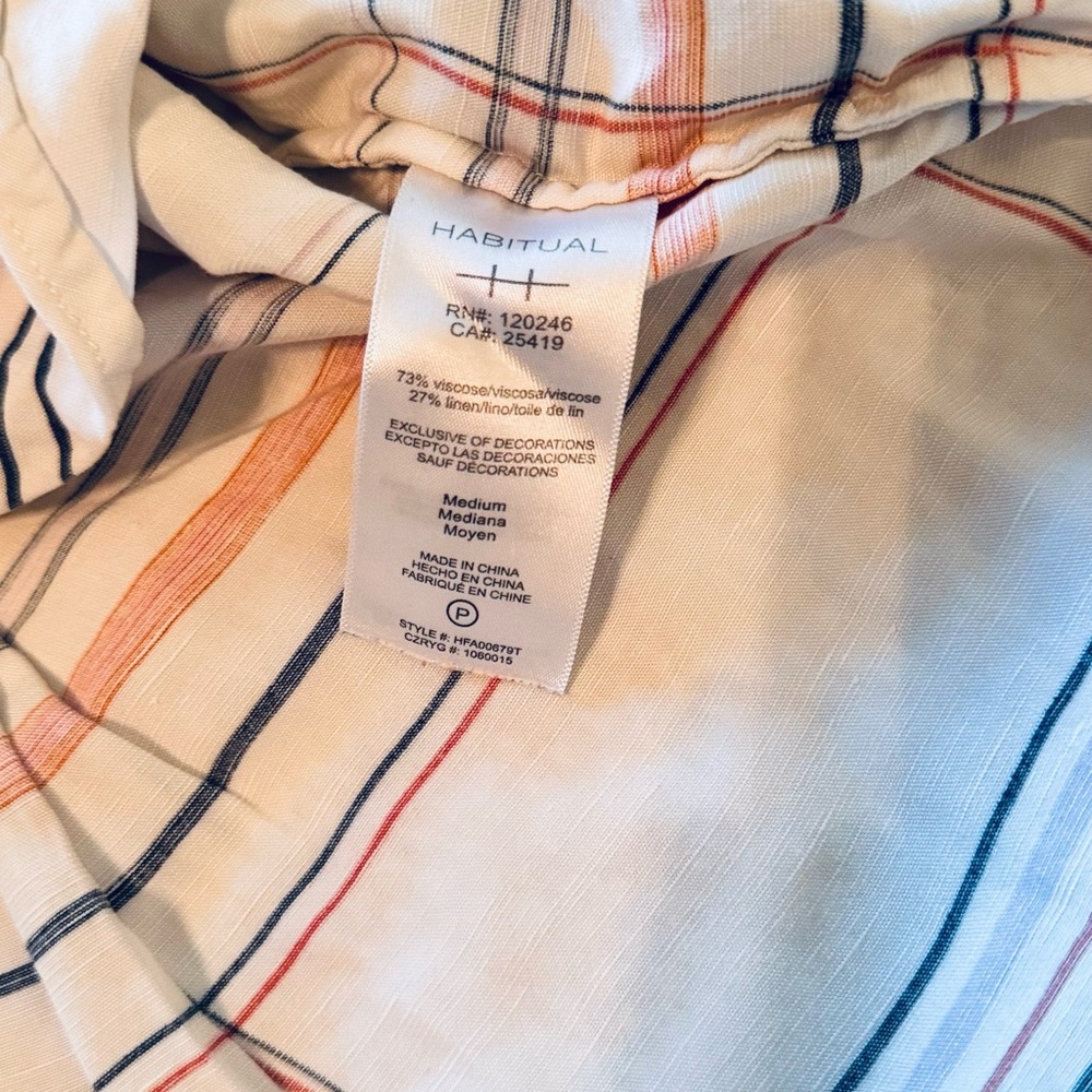 HABITUAL Nell Top White Red Navy Blue Tartan Plaid Striped Blouse w Tie Waist - Picture 14 of 16